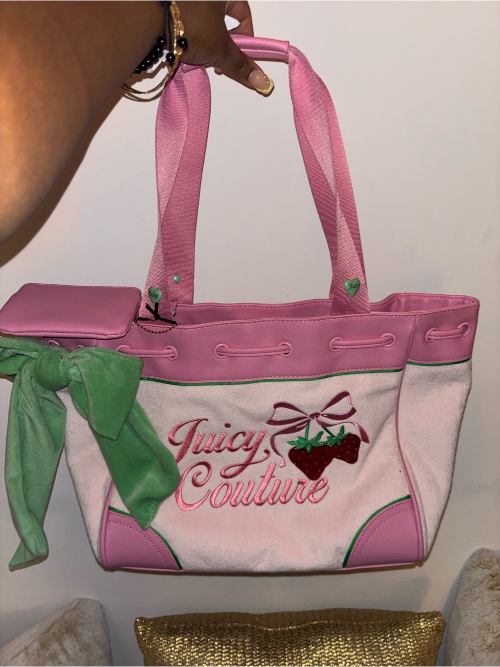 Juicy Couture Pink Tote with Green Bow & Strawberry Embroidery